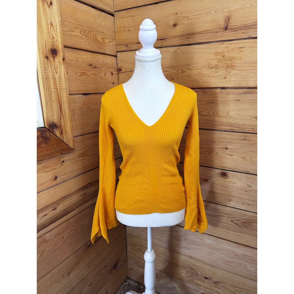 River Island‎ Mustard Ribbed Bell Sleeve V-Neck Sweater Boho Festival Top Large